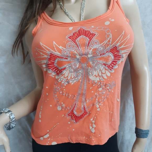 Orange Glitter Cross Tank Top Splatter Wide Neck S - Picture 4 of 6